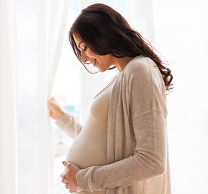 Happy pregnant woman looking at her belly standing next to the window